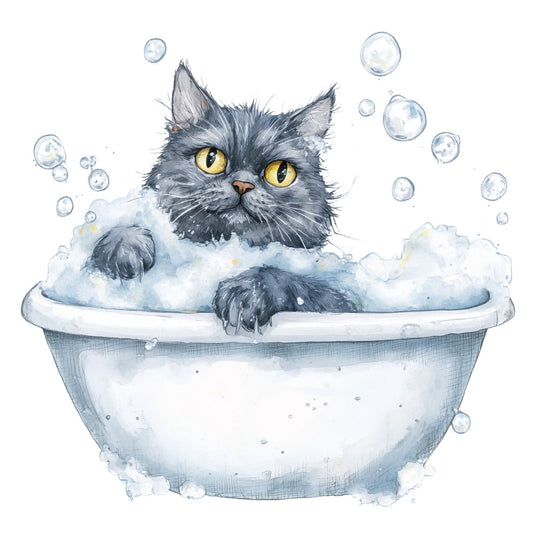 cat, grey cat, gray cat, yellow eyes, fluffy cat, bathtub, bath time, bubbles, soap bubbles, whimsical, cute animals, playful, bathroom humor, children's, kids, pet lover, charcoal gray, soft blue, white, watercolor style, illustration, animal portrait, humorous, fun, lighthearted, nursery, baby, wall art, bath themed, cat lover fabric