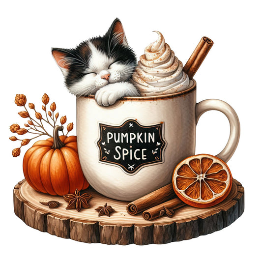 pumpkin spice, black and white cat, calico cat, autumn, fall, halloween, cozy, whimsical, rustic, farmhouse, cream, tan, orange, cinnamon, spice themed, coffee mug, pumpkin, cinnamon stick, star anise, dried orange, wood slice, seasonal, harvest, thanksgiving, warm colors, cottagecore, cute animals, cat lover, kitchen decor, wall hanging