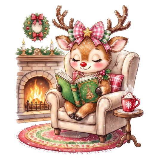 christmas, holiday, reindeer, festive, cozy, fireplace, wreath, bow, plaid, pink, red, green, gold, cream, beige, whimsical, cute, vintage, traditional, winter, reading, hot chocolate, mug, candlelight, armchair, decorative, seasonal, nostalgic, charming, cottage core