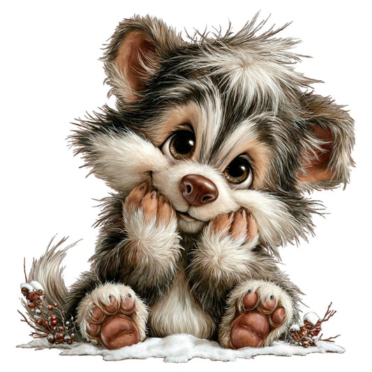 puppy, dog, adorable, cute animals, brown and white, cream, tan, taupe, forest green, rust, chocolate brown, whimsical, playful, children's, baby, nursery, animal portrait, fluffy, furry, kawaii, illustration, winter, snow, festive, holiday, sweet face, paw prints, young animals, innocent, heartwarming