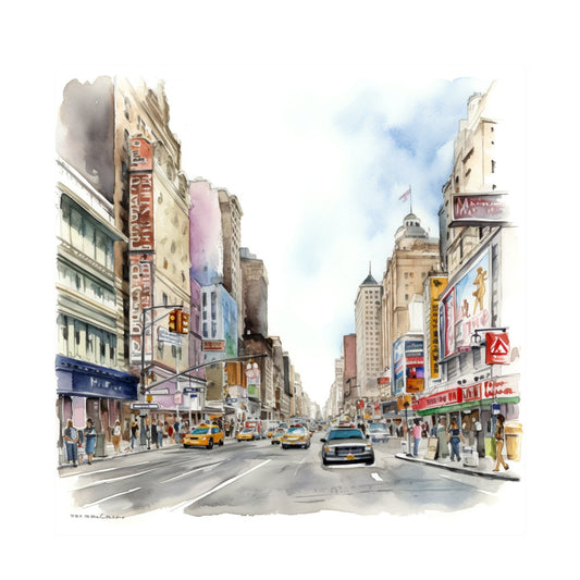 urban street scene, new york city, cityscape, watercolor, yellow taxi, skyscrapers, downtown, bustling street, pedestrians, vintage new york, retro city, architectural, street life, tan, beige, blue sky, cream, gray, red signage, americana, travel themed, nostalgic, mid-century modern, city living, urban landscape, metropolitan, iconic landmarks, wall art, home decor, travel inspiration