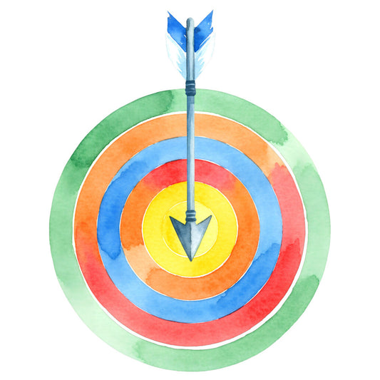 concentric circles, target design, bullseye, arrow, geometric pattern, bright colors, rainbow colors, yellow center, red, orange, blue, green, modern style, whimsical, contemporary, abstract design, circular pattern, layered rings, archery theme, bold pattern, colorful, vibrant, multi-colored, wall art, home decor, decorative panel, children's design, playful style