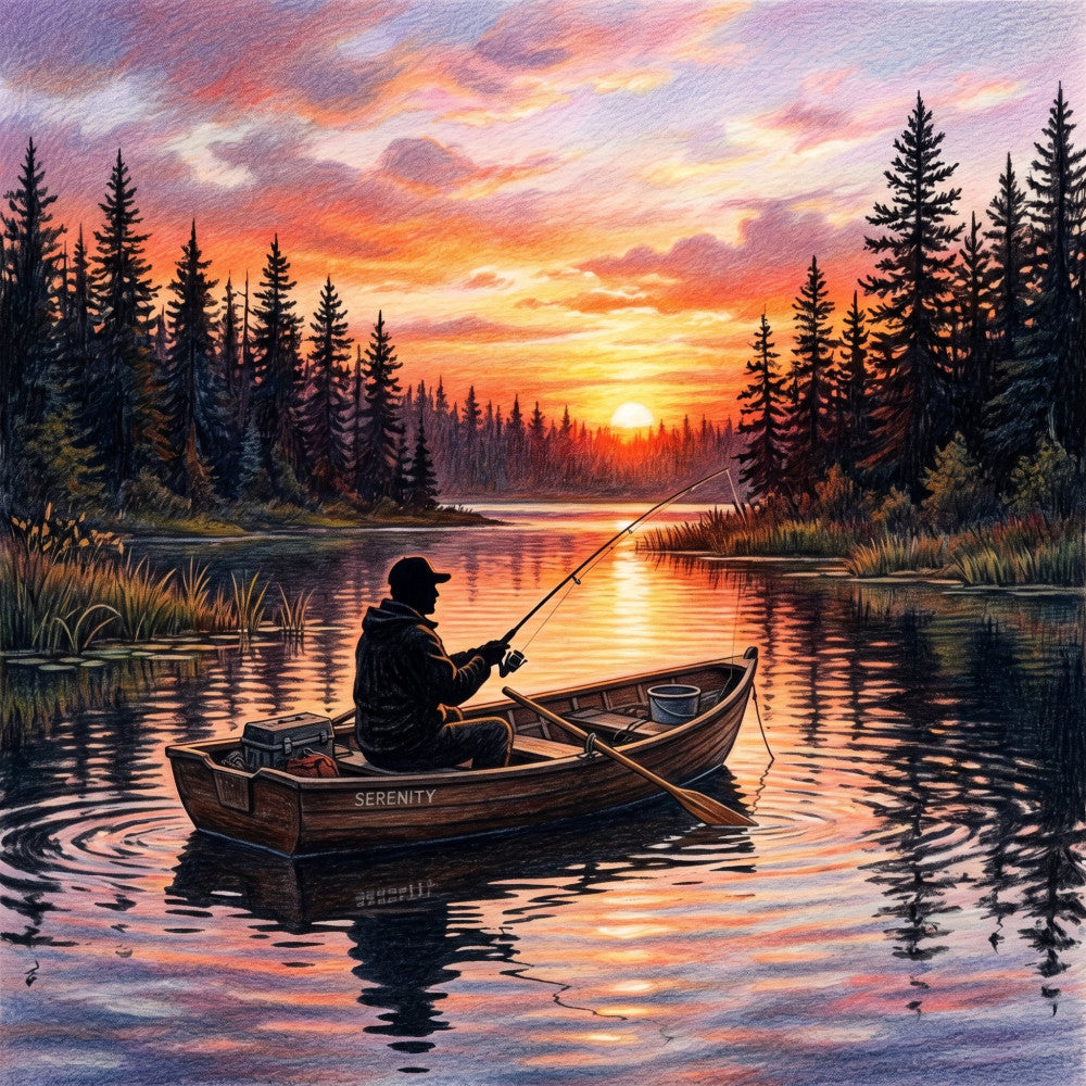sunset, fishing, lake, forest, trees, nature, landscape, sky, water, boat, fisherman, outdoor, scenic, serene, peaceful, gold, orange, amber, deep purple, navy blue, silhouette, rustic, traditional, scenic landscape, cabin, wilderness, evening, dusk, tranquil, reflection