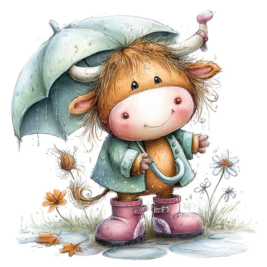 cute cow, whimsical animals, rainy day, umbrella, boots, children's illustration, farmhouse, pastel colors, sage green, dusty rose, mauve, cream, tan, brown, flowers, daisies, nature, weather theme, rainy weather, children's fabric, baby quilt, storybook style, gentle illustration, sweet animals, countryside, cottage core, soft colors, springtime, playful, charming