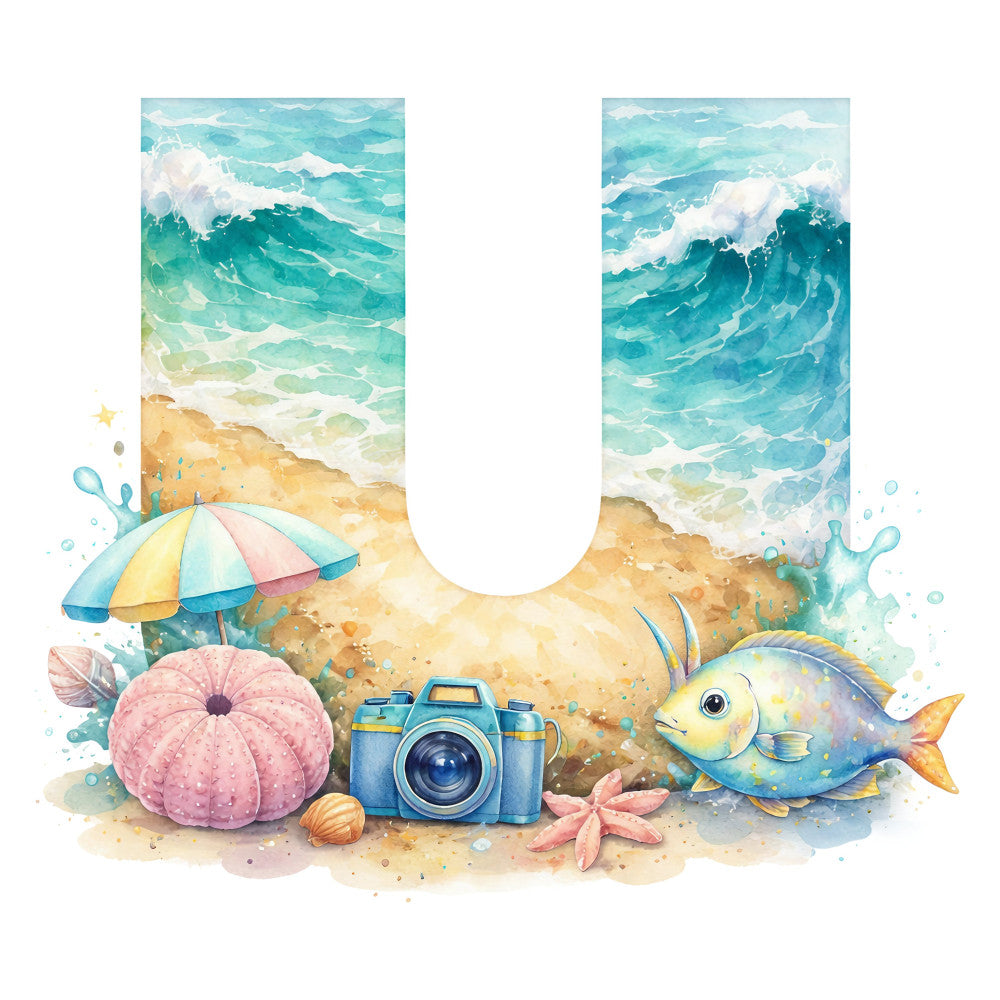 turquoise, aqua blue, coral pink, sandy beige, cream, yellow, pastel colors, ocean waves, beach scene, nautical, tropical fish, sea creatures, starfish, umbrella, camera, whimsical, watercolor, coastal, summer, seaside, children's, playful, adventure, travel theme, urchin, sand dollar, water splashes, soft pastels, illustrative style