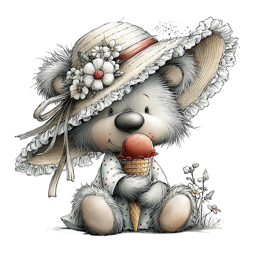 cute animal, teddy bear, whimsical, children's, straw hat, flowers, daisies, cream, beige, tan, gray, soft colors, pastel, vintage style, spring, summer, sweet, playful, ice cream, dessert, nature, garden, botanical, baby nursery, kids fabric, adorable, charming, gentle, soft illustration, storybook
