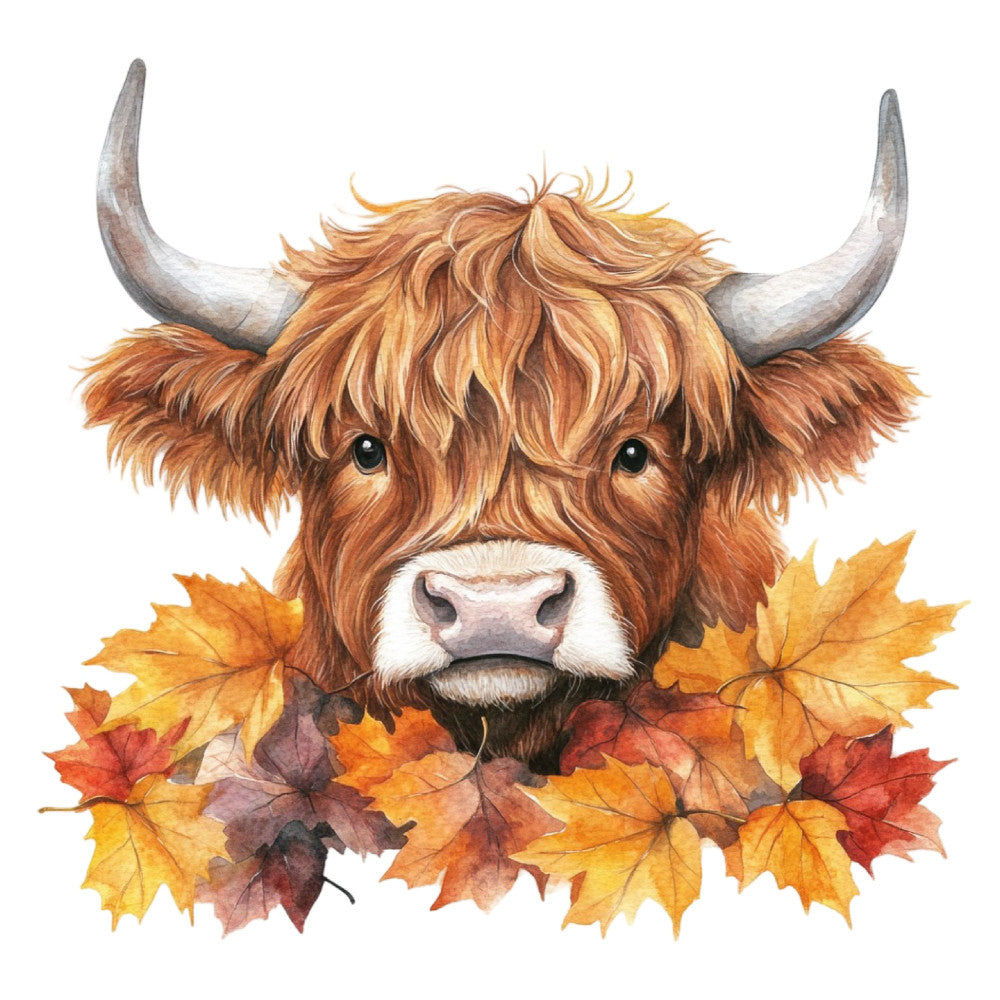 highland cattle, brown, cream, white, tan, rust, gold, orange, autumn leaves, fall foliage, maple leaves, animals, farm animals, livestock, nature, farmhouse, rustic, whimsical, folk art, woodland, seasonal, autumn, fall decor, horns, highland cow, Scottish, charming, country style, harvest theme, autumn colors
