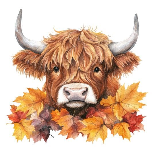 highland cattle, brown, cream, white, tan, rust, gold, orange, autumn leaves, fall foliage, maple leaves, animals, farm animals, livestock, nature, farmhouse, rustic, whimsical, folk art, woodland, seasonal, autumn, fall decor, horns, highland cow, Scottish, charming, country style, harvest theme, autumn colors