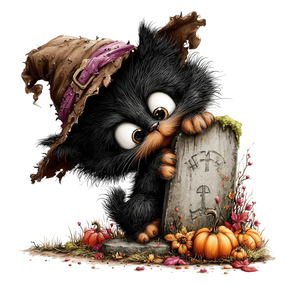 black cat, orange eyes, brown paws, purple saddle, tombstone, autumn, fall, halloween, pumpkins, flowers, whimsical, cute, spooky, seasonal, nature, animals, cats, festive, rustic, vintage, gravestone, orange pumpkins, coral pink flowers, moss green, countryside, folk art, character design, decorative panel, autumn harvest
