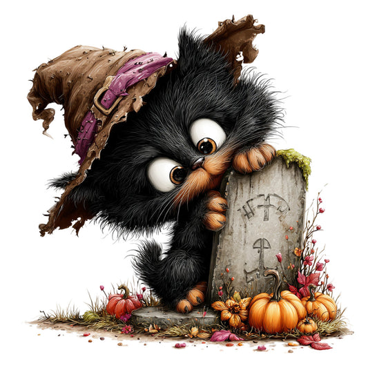 black cat, orange eyes, brown paws, purple saddle, tombstone, autumn, fall, halloween, pumpkins, flowers, whimsical, cute, spooky, seasonal, nature, animals, cats, festive, rustic, vintage, gravestone, orange pumpkins, coral pink flowers, moss green, countryside, folk art, character design, decorative panel, autumn harvest