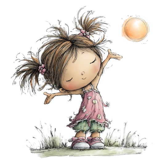 whimsical, children, girl, illustration, storybook, dreamy, cute, nature, sun, grass, flowers, dusty rose, sage green, cream, brown, peach, soft colors, character panel, nursery, baby, cheerful, playful, springtime, summer, feminine, artistic, hand-painted style, indie, quirky, wall art