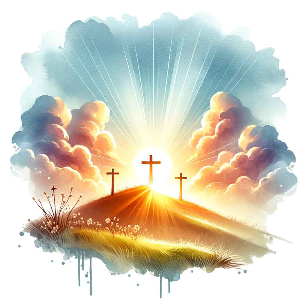 watercolor, easter, christian, three crosses, calvary hill, sunrise, sunset, golden yellow, orange, blue, teal, clouds, rays of light, religious, spiritual, resurrection, fabric panel, quilting cotton, sacred scene, wildflowers, grass, heavenly sky