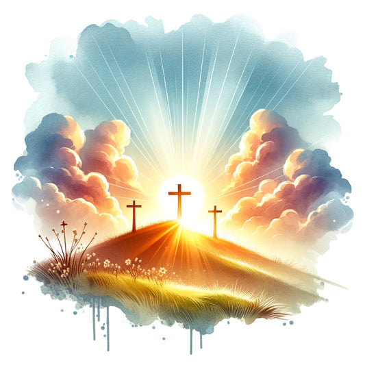 watercolor, easter, christian, three crosses, calvary hill, sunrise, sunset, golden yellow, orange, blue, teal, clouds, rays of light, religious, spiritual, resurrection, fabric panel, quilting cotton, sacred scene, wildflowers, grass, heavenly sky