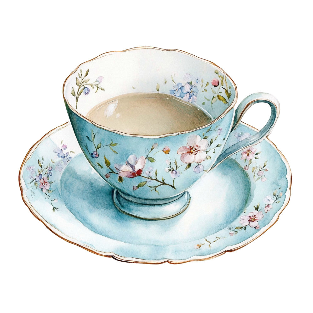 teacup, floral, vintage, elegant, traditional, botanical, delicate flowers, pink flowers, blue flowers, sage green, dusty blue, soft blue, light blue, cream, gold trim, scalloped edge, tea party, spring, garden, nature, whimsical, romantic, cottage, feminine, english chinoiserie, porcelain, decorative, timeless, classic