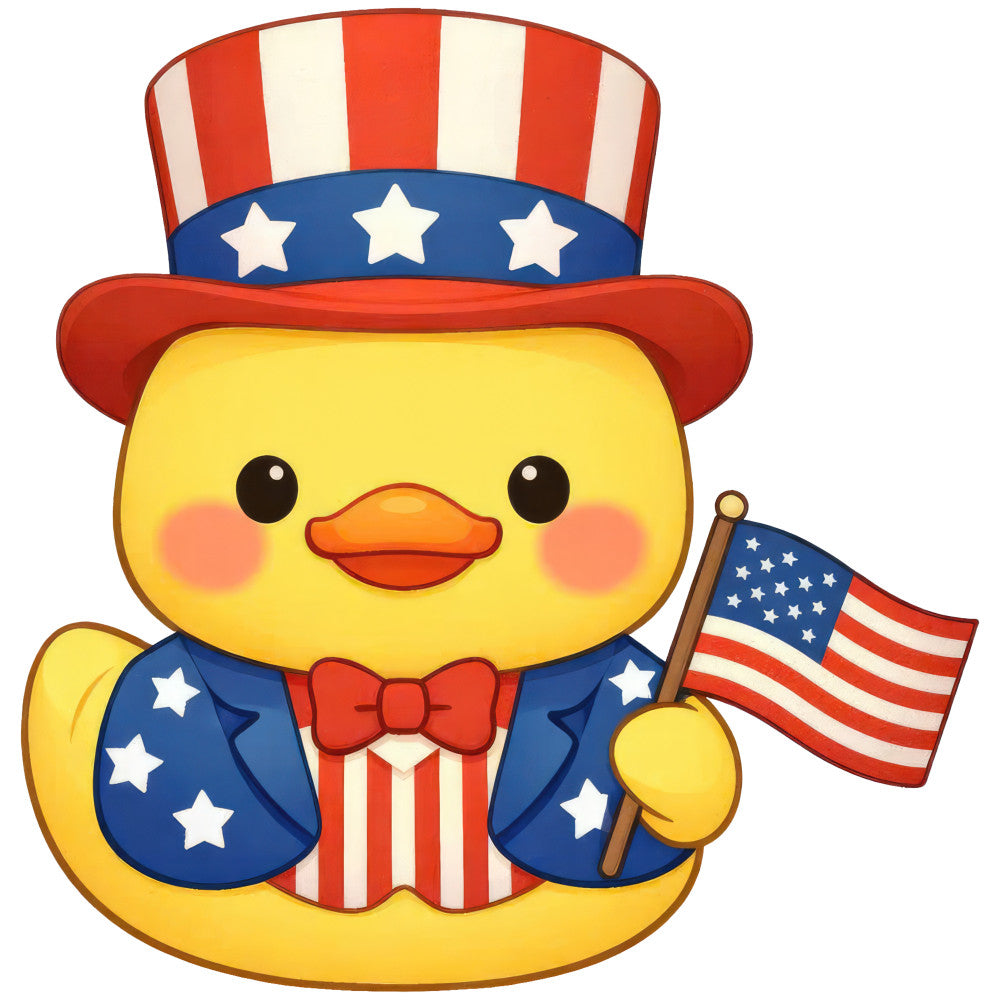cute duck, patriotic, americana, red white and blue, navy blue, yellow, stars, stripes, top hat, bow tie, american flag, fourth of july, independence day, whimsical, cartoon, animal, child-friendly, baby, festive, holiday, summer, cheerful, bright, folk art, novelty, character panel