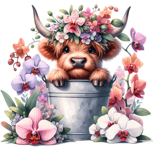 Cute Highland Cows in Buckets Fabric Panel 11 features an adorable highland calf in a metal bucket surrounded by colorful orchids and flowers.