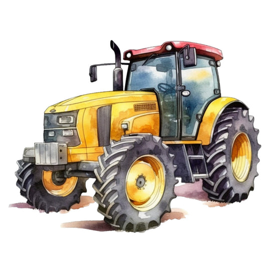 watercolor, tractor, yellow, red, purple, gray, farm equipment, agricultural, vehicle, machinery, children's fabric, quilting panel, cotton fabric, boy's room, nursery decor, transportation theme, country style, rural, farming, craft panel