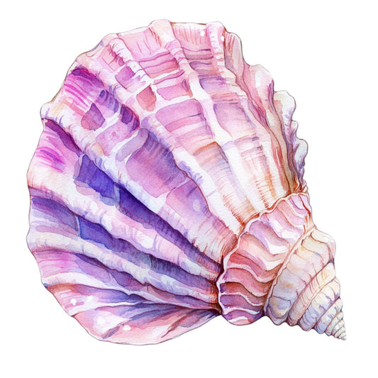 Watercolor Sea Shells Fabric Panel 4 featuring detailed purple and pink watercolor seashell design printed on premium quilting cotton.
