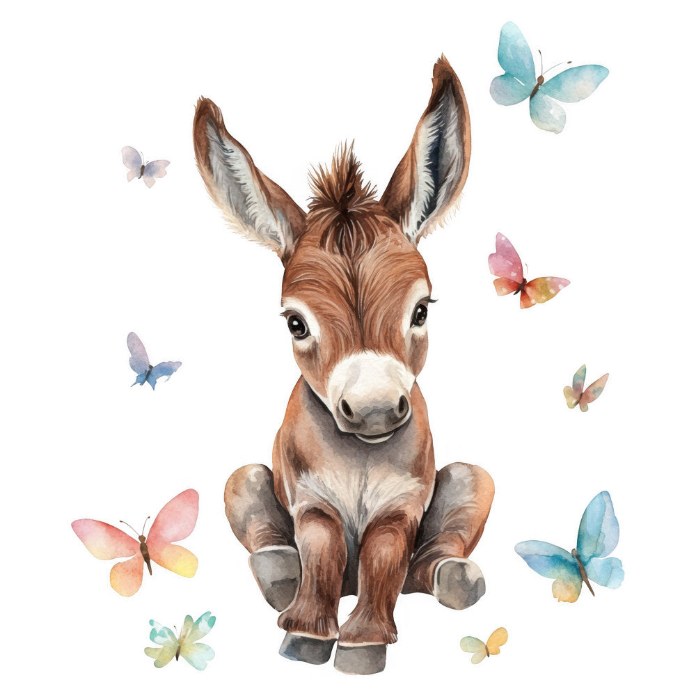 brown, tan, cream, white, soft blue, dusty rose, coral pink, yellow, watercolor, animals, donkey, butterflies, nature, whimsical, children, baby, cute, sweet, spring, summer, pastoral, farmhouse, gentle, soft, delicate, illustrated, artistic, nursery, wall hanging, baby quilt
