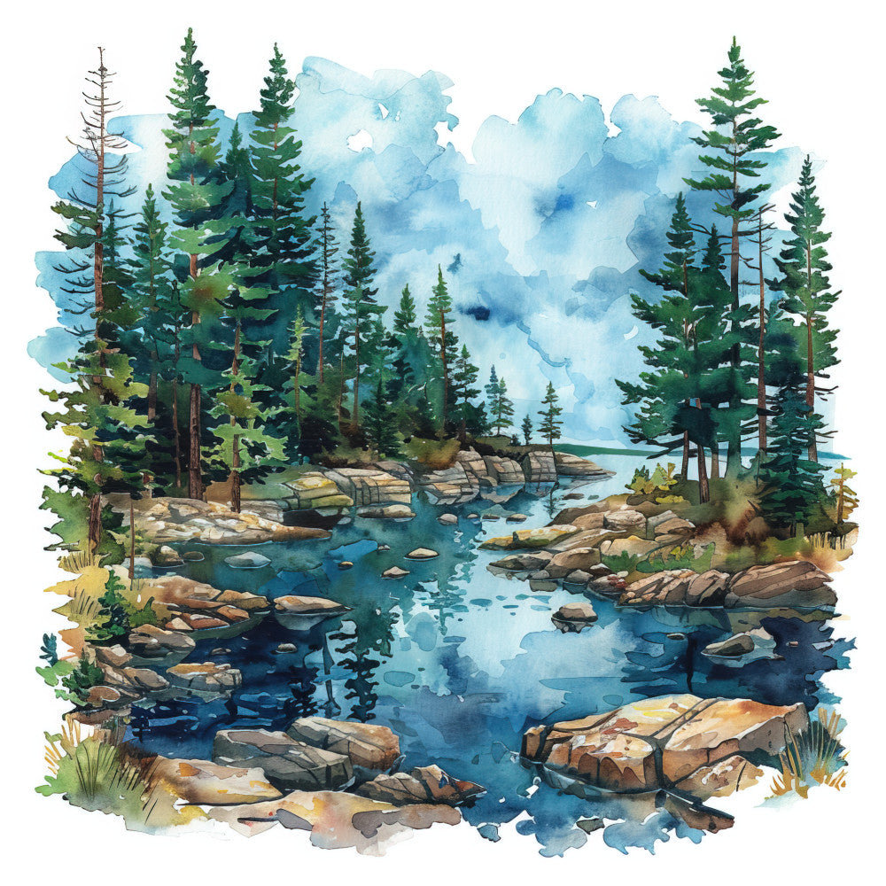 forest green, sky blue, turquoise, aqua, white, cream, tan, brown, landscape, nature, trees, pine trees, evergreen, mountains, lake, water, rocks, scenic, wilderness, outdoor, camping, hiking, rustic, watercolor, misty, mountain lake, coniferous forest, peaceful, serene, tranquil