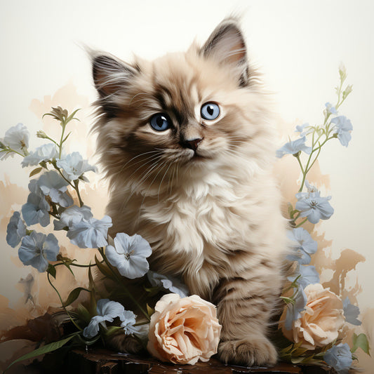 Watercolor Cats with Flowers Fabric Panel 19 featuring a fluffy kitten surrounded by delicate blue and peach flowers on premium cotton.