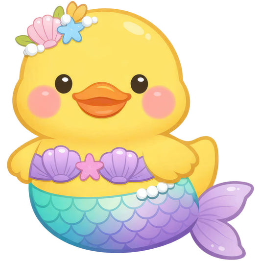 cute mermaid duck, yellow, purple, turquoise, coral pink, pastel colors, whimsical, nautical, mermaid tail, seashells, starfish, animal characters, children's, baby, kawaii, adorable, playful, fantasy, underwater theme, summer, spring, seaside, ocean, shell pattern, scallop shells, floral crown, bows, girl's fabric, nursery, baby quilt