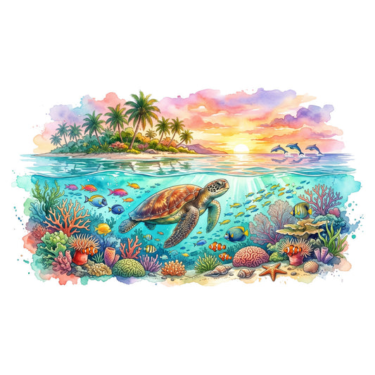 ocean, sea life, tropical island, coral reef, sea turtle, dolphins, underwater, tropical fish, palm trees, sunset, watercolor, whimsical, nature, aquatic, sea creatures, colorful, turquoise, coral pink, golden yellow, purple, ocean blue, beach, coastal, tropical paradise, starfish, seaweed, summer, vibrant, artistic, nautical