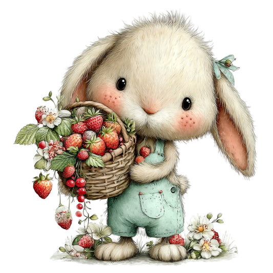 cute bunny, rabbit, strawberries, flowers, daisies, cream white, soft green, sage green, blush pink, whimsical, sweet, charming, children's, baby, nursery, spring, summer, nature, garden, floral, woodland, farmhouse, adorable, gentle, soft colors, basket, berries, animals, illustration, storybook