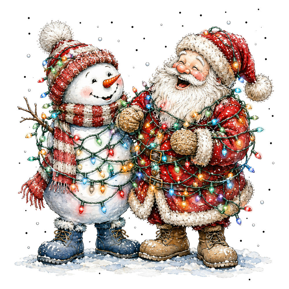 christmas, holiday, santa claus, snowman, winter, red, cream, white, gold, multicolor, festive, whimsical, vintage, nostalgic, traditional, decorative lights, string lights, snow, cheerful, jolly, character panel, seasonal, retro, classic, cute, joyful, winter scene, holiday decoration, storybook style