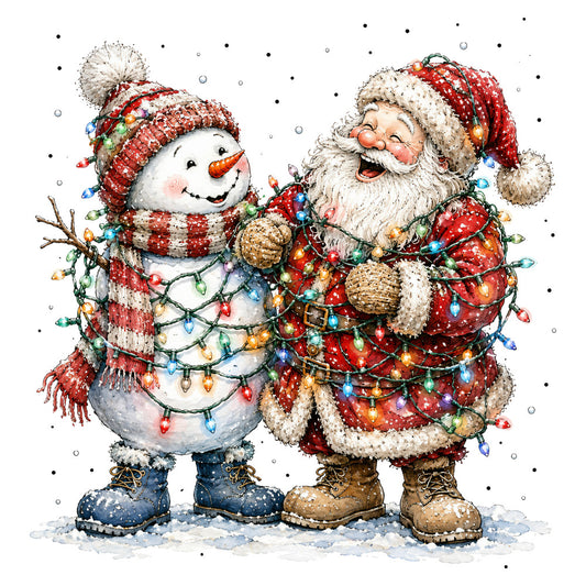christmas, holiday, santa claus, snowman, winter, red, cream, white, gold, multicolor, festive, whimsical, vintage, nostalgic, traditional, decorative lights, string lights, snow, cheerful, jolly, character panel, seasonal, retro, classic, cute, joyful, winter scene, holiday decoration, storybook style