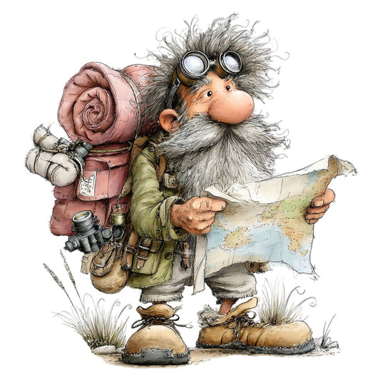 adventurer, backpack, beige, binoculars, brown, cartoon, character, compass, curious, explorer, goggles, gray, green, hiking, humorous, illustration, khaki, map, nature, outdoor adventure, quirky, rustic, tan, vintage, wanderlust, whimsical, wool