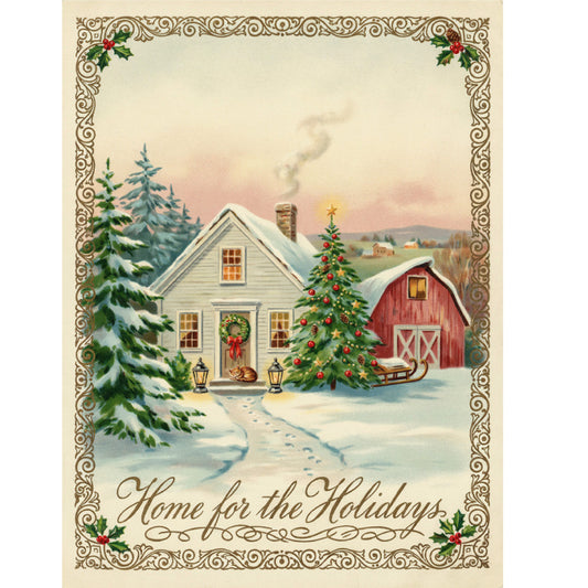 christmas, holiday, winter, snow, farmhouse, vintage, rustic, elegant, traditional, cream, ivory, red barn, forest green, gold accents, decorative border, christmas tree, wreath, festive, countryside, pastoral, nostalgic, cottage, seasonal, home decor, wall hanging, greeting card, cozy, snowy landscape, evergreen trees, lanterns