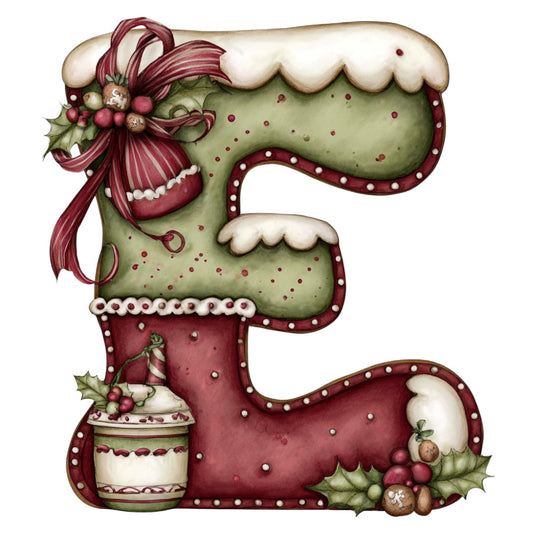 christmas, holiday, festive, burgundy, cream, ivory, forest green, sage green, red, winter, stocking, holly, berries, bow, ribbon, whimsical, traditional, decorative, ornament, nutmeg, pearl accents, embellished, vintage, nostalgic, seasonal, december, festive decor, dimensional, three-dimensional, letter panel