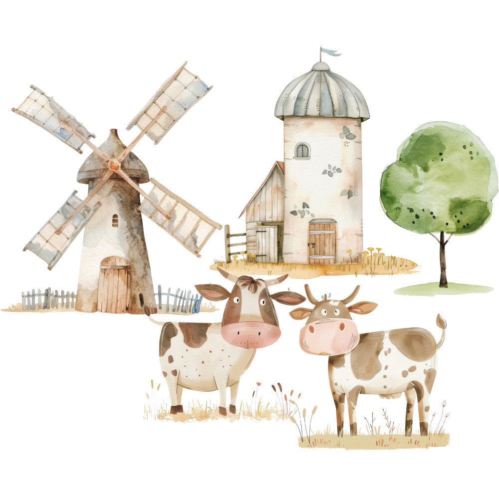 Watercolor Farm Fabric Panel 110