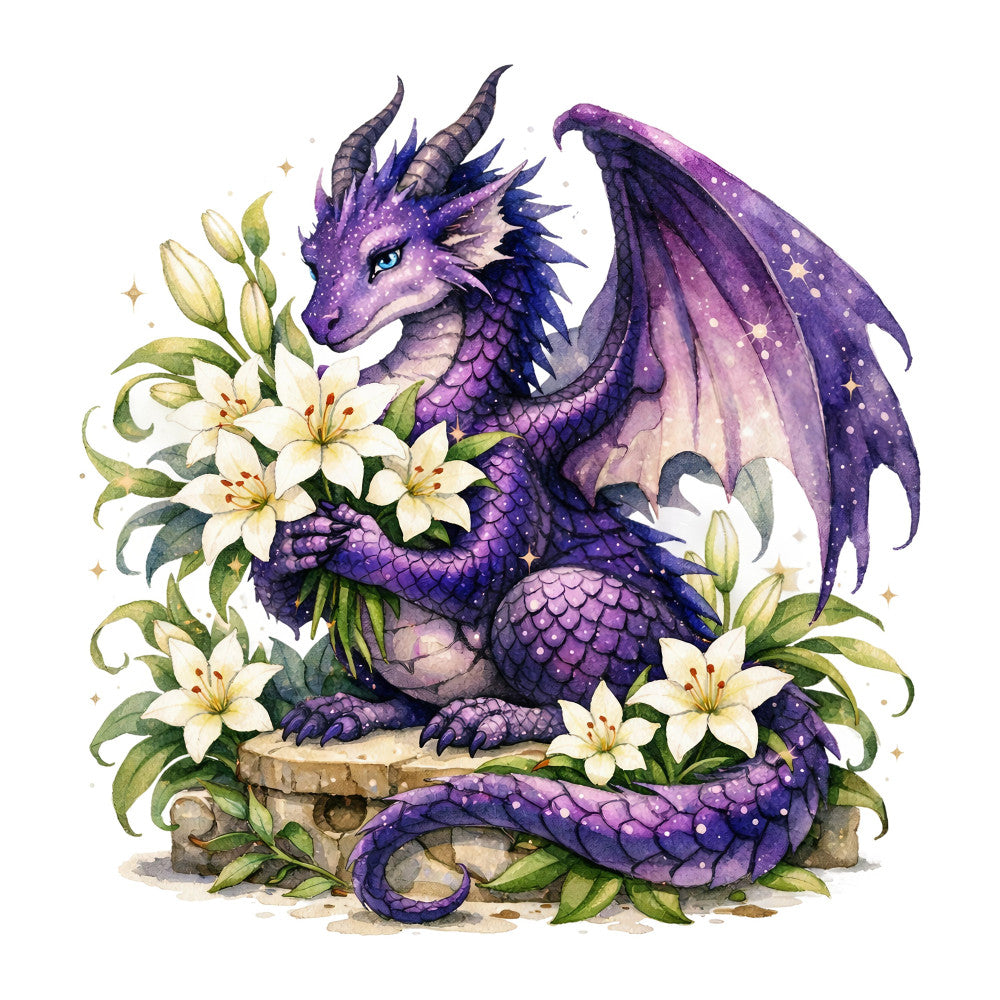 purple dragon, white flowers, lilies, celestial stars, fantasy creature, magical theme, whimsical style, dragon motif, floral design, deep purple, lavender, cream white, gold accents, nature inspired, mystical theme, elegant style, decorative panel, fantasy art, winged creature, botanical elements, soft watercolor, dreamy aesthetic, enchanted forest, spring florals, fantasy animals, ornamental design, starry night, delicate flowers, magical creatures