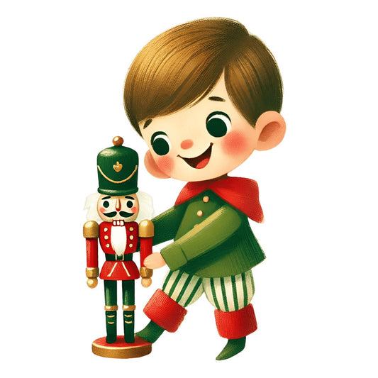 christmas, holiday, nutcracker, festive, red, forest green, gold, cream, vintage, whimsical, traditional, nostalgic, child, boy, soldier, toy, decorative, seasonal, winter, retro, classic, jolly, cheerful, old-fashioned, mid-century, children's, playful, festive design, holiday character