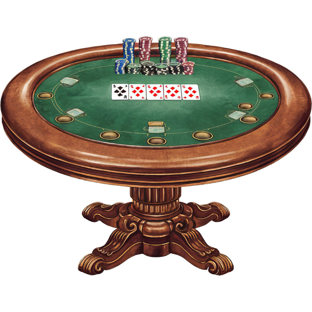 watercolor style, casino table, poker chips, playing cards, green felt, brown wood, ornate pedestal, gambling theme, card game, flush hand, diamonds suit, clubs suit, chip stacks, rounded table, fabric panel, gaming motif, rich browns, forest green, colorful chips, elegant furniture