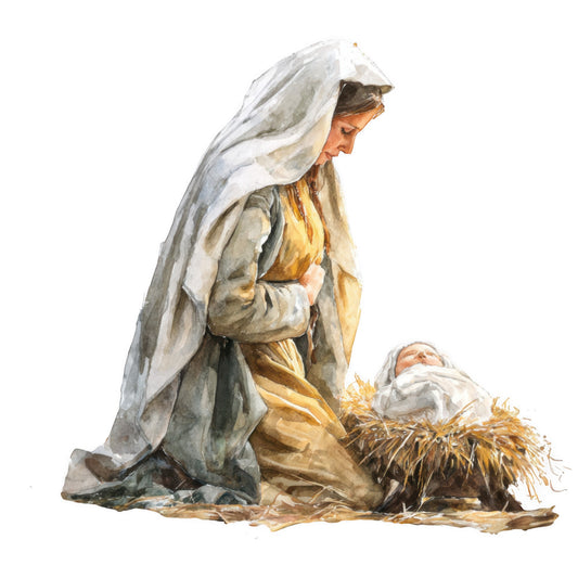 watercolor style, nativity scene, virgin mary, baby jesus, manger, straw, religious imagery, christmas theme, soft blues, warm golds, cream white, gentle browns, holy family, biblical scene, fabric panel, quilting cotton, peaceful mood, devotional art, holiday crafting, spiritual motif