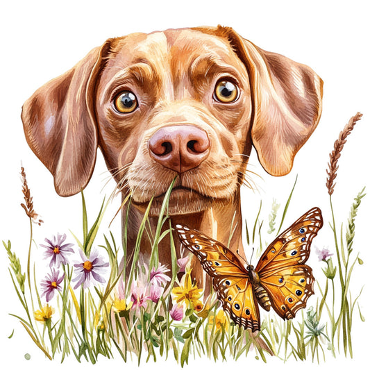 brown dog, golden brown, cream, tan, soft colors, warm tones, animal portrait, dog face, butterfly, nature, floral, wildflowers, purple flowers, yellow flowers, grass, botanical, garden, whimsical, illustrated, watercolor style, springtime, summer, pastoral, countryside, pet lover, dog fabric, nature lover, gentle style, charming, sweet