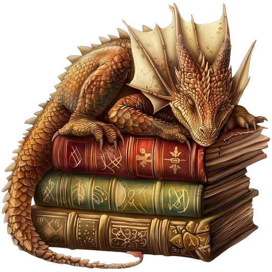 Dragon Sleeping on Books Fabric Panel 6 showing a detailed dragon napping atop a stack of antique, ornate books.