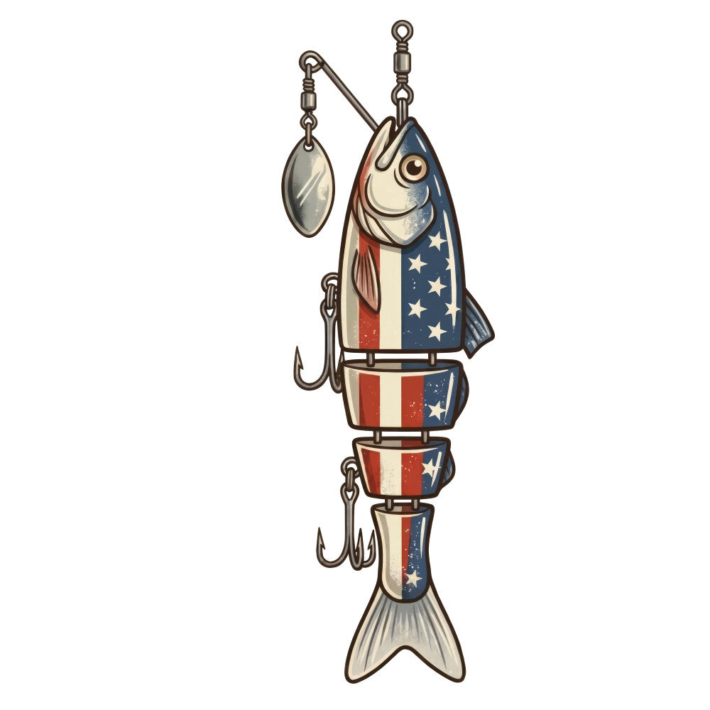 fishing lure, patriotic, americana, red white and blue, stars, stripes, vintage fishing, nautical, retro, nostalgic, americana colors, cream, navy blue, red, fishing theme, segmented lure, tackle, fish-shaped, decorative, whimsical, folk art, americana design, patriotic decor, fourth of july, memorial day, coastal, rustic americana