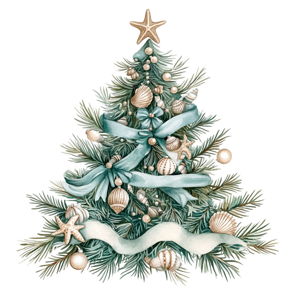forest green, seafoam blue, cream, beige, tan, pearl, coastal, nautical, christmas, holiday, seaside, beach, seashells, starfish, ornaments, ribbons, evergreen, pine branches, whimsical, elegant, vintage, coastal christmas, beach christmas, ocean theme, tropical, decorative, festive, winter, coastal holiday, seaside christmas