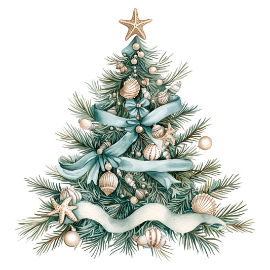 forest green, seafoam blue, cream, beige, tan, pearl, coastal, nautical, christmas, holiday, seaside, beach, seashells, starfish, ornaments, ribbons, evergreen, pine branches, whimsical, elegant, vintage, coastal christmas, beach christmas, ocean theme, tropical, decorative, festive, winter, coastal holiday, seaside christmas