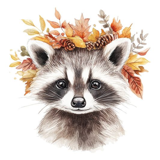 raccoon, autumn leaves, fall, woodland animals, nature, whimsical, cute animals, rustic, watercolor, pine cones, cream, tan, brown, black, orange, gold, yellow, rust, animal portrait, forest creatures, seasonal, harvest, cozy, farmhouse style, boho, decorative panel, wall art, children's fabric, baby quilt, fall foliage
