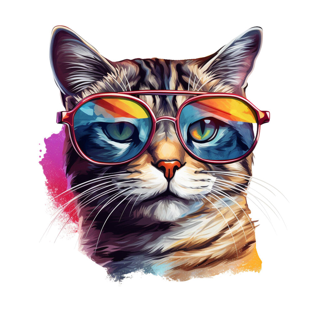 cat portrait, sunglasses, rainbow lenses, tabby cat, green eyes, whiskers, colorful splash, watercolor style, artistic rendering, fabric panel, quilting cotton, purple accents, orange tones, blue highlights, pet illustration, cool cat, modern art, vibrant colors, animal design, crafting material