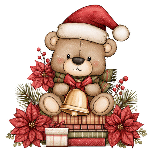 christmas bear, holiday teddy bear, santa hat, poinsettia, red and green, cream, tan, plaid, striped, whimsical, festive, vintage, traditional, cute animals, bears, christmas decoration, seasonal, winter holiday, red poinsettia flowers, gold bell, holly berries, evergreen, gift boxes, cozy, nostalgic, children's design, baby quilt, wall hanging, christmas panel