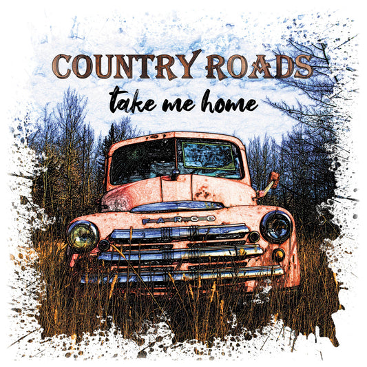 country roads, vintage truck, rusty red, burnt orange, forest green, navy blue, cream white, distressed, grunge, farmhouse, rural, americana, nostalgic, retro, classic car, pickup truck, bare trees, nature, countryside, shabby chic, rustic style, vintage vehicles, folk art, Americana theme, weathered, industrial, home sweet home, take me home, autumn vibes, winter landscape