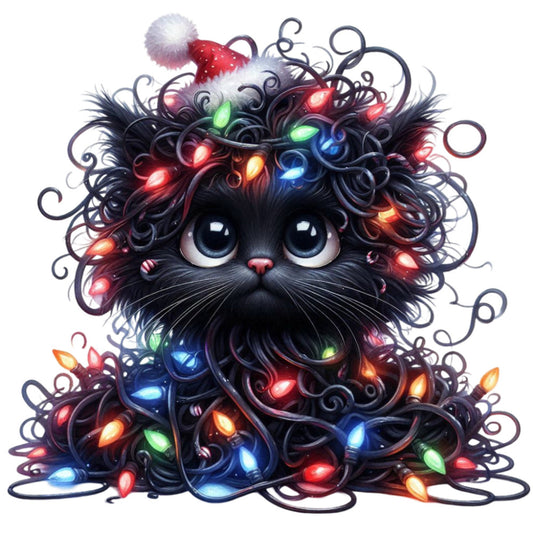 black cat, glowing lights, christmas lights, holiday, whimsical, festive, luminescent, colorful lights, red lights, blue lights, green lights, orange lights, dark background, cat with beard, santa hat, magical, fantasy, modern, playful, quirky, novelty, cute animals, december, seasonal, wall hanging, decorative panel, winter holiday, enchanted, sparkly, animated style