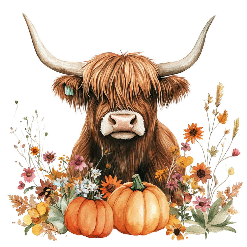 highland cattle, brown, rust orange, cream, burnt orange, autumn, fall, harvest, pumpkin, floral, wildflowers, daisies, farmhouse, rustic, whimsical, country, nature, animals, livestock, horns, long hair, seasonal, thanksgiving, folk art, botanical, warm tones, folk style, cottage core, pumpkins, flowers and animals