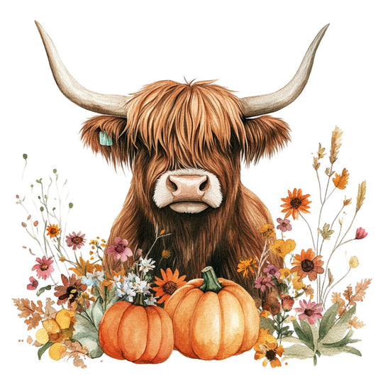 highland cattle, brown, rust orange, cream, burnt orange, autumn, fall, harvest, pumpkin, floral, wildflowers, daisies, farmhouse, rustic, whimsical, country, nature, animals, livestock, horns, long hair, seasonal, thanksgiving, folk art, botanical, warm tones, folk style, cottage core, pumpkins, flowers and animals